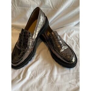 Stuart Weitzman Parker Croc Embossed Women's Gunmetal Chunky Penny Loafers Sz 9B